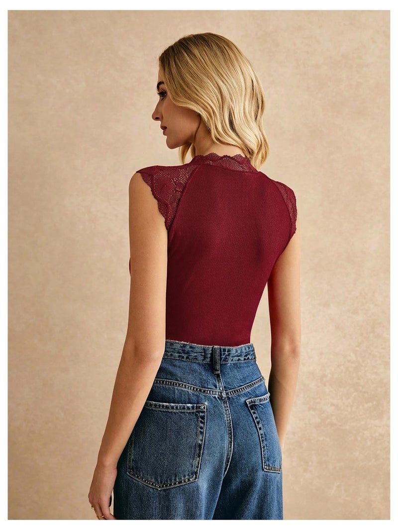 SweatyRocks Women's Sleeveless Round Neck Contrast Lace Skinny Corset Bodysuit Ribbed Knit Concert Tank Top Wine Red Small - Image 2