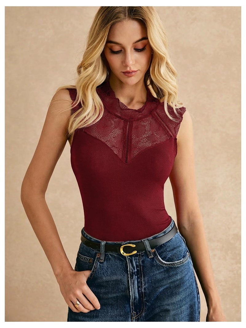 SweatyRocks Women's Sleeveless Round Neck Contrast Lace Skinny Corset Bodysuit Ribbed Knit Concert Tank Top Wine Red Small - Image 3