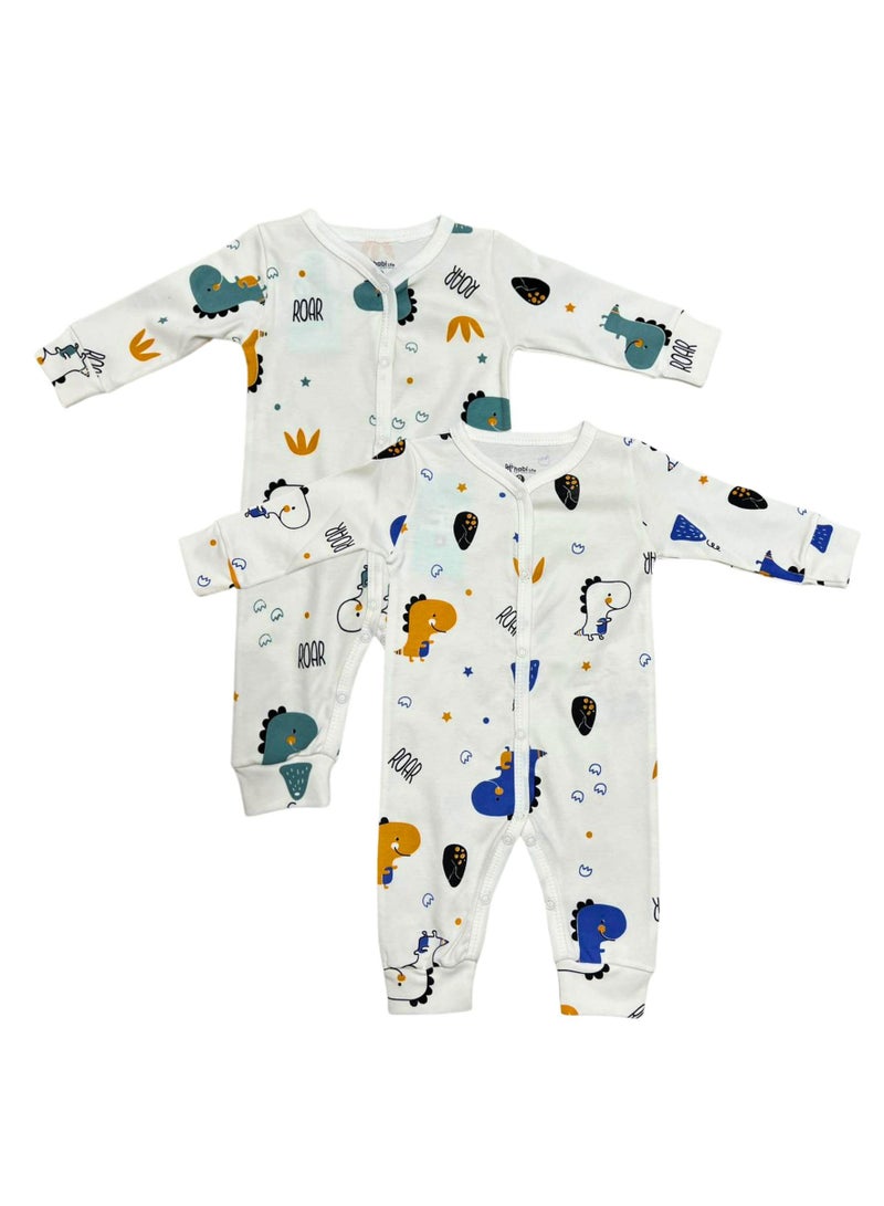 هابى لايف مجموعة من قطعتين من ملابس النوم المطبوعة على شكل ديناصور للأطفال، رومبر قطني أبيض بأكمام طويلة وأزرار كبس - Image 1