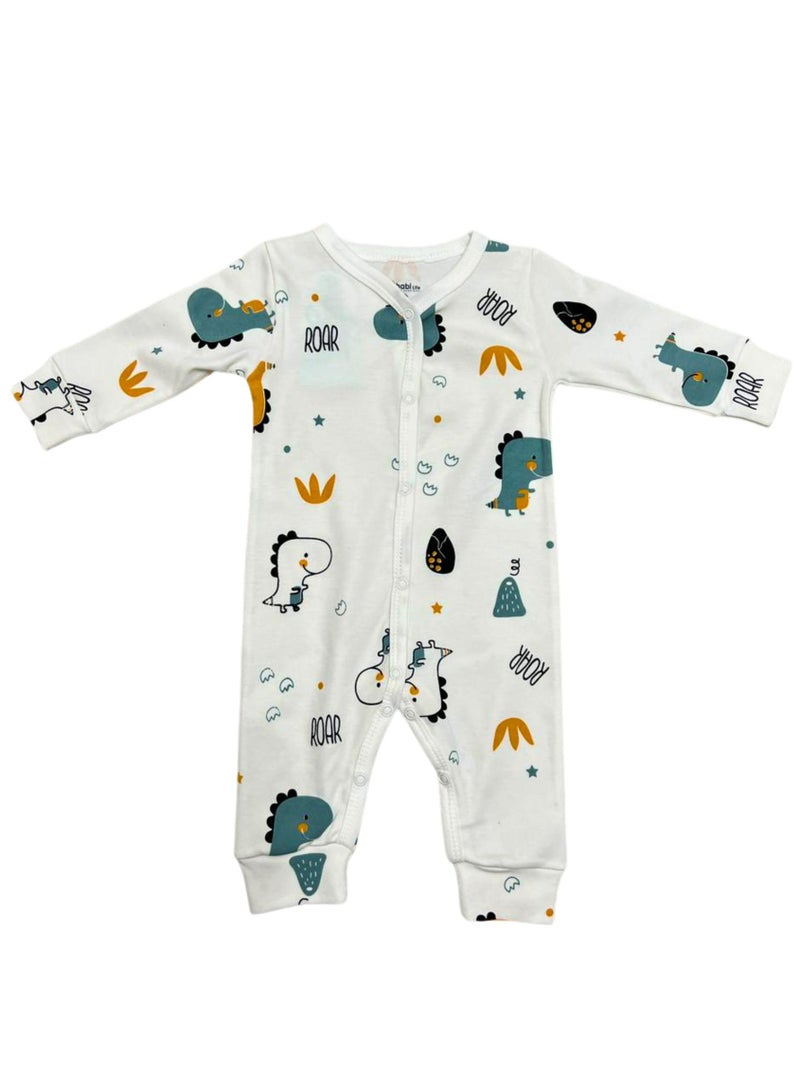 هابى لايف مجموعة من قطعتين من ملابس النوم المطبوعة على شكل ديناصور للأطفال، رومبر قطني أبيض بأكمام طويلة وأزرار كبس - Image 2
