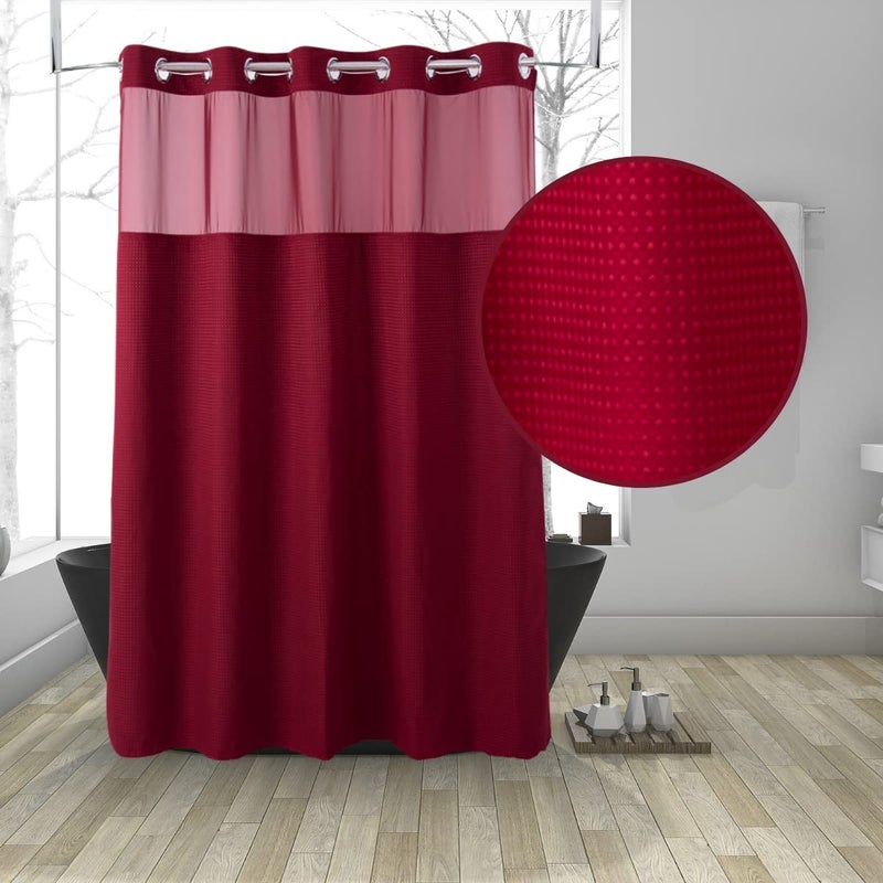Ecoehoe Hotel Grade Waffle Weave Fabric Hook Free Shower Curtain with Replacement Liner Heavy Duty Bath Curtain with See Through Top Machine Washable 71 W74 L Burgundy