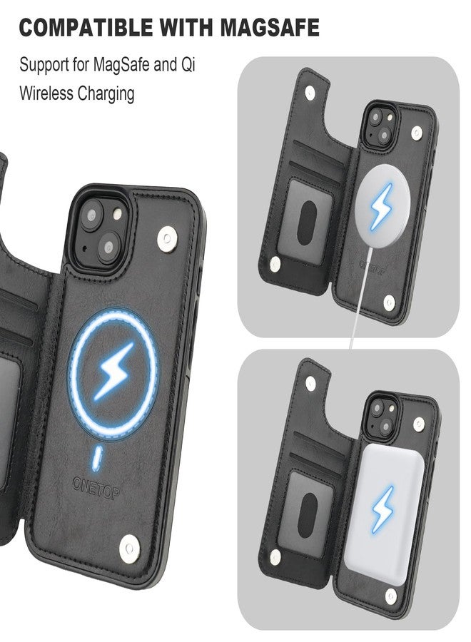 OT ONETOP جراب محفظة متوافق مع Magsafe لهاتف iPhone 13 من ONETOP مع حامل بطاقات، مصنوع من جلد PU مع مسند، مزود بتقنية حجب RFID، مزود بمشبك مغناطيسي مزدوج وغطاء متين مقاوم للصدمات، مقاس 6.1 بوصة (أسود). - Image 5