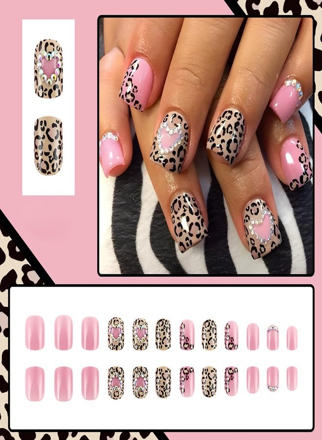 BYJKYEN 24Pcs Valentines Press on Nails Short Square Heart Shaped Design with Nail Rhinestones Fake Nails Glossy Artificial on Nails Heart False Nails for Women and Girls Holiday Nail Wear - Image 2