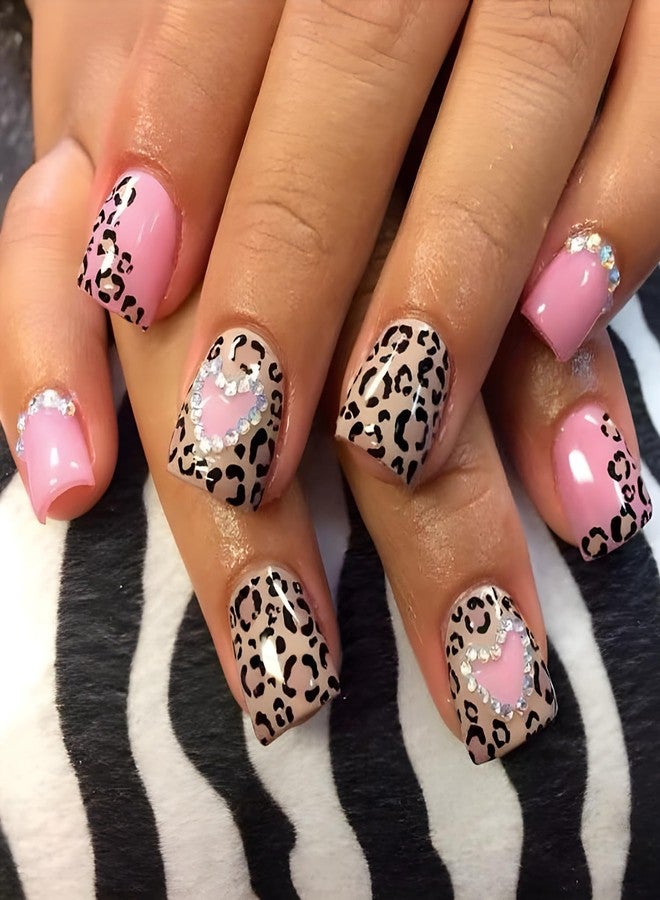 BYJKYEN 24Pcs Valentines Press on Nails Short Square Heart Shaped Design with Nail Rhinestones Fake Nails Glossy Artificial on Nails Heart False Nails for Women and Girls Holiday Nail Wear - Image 1