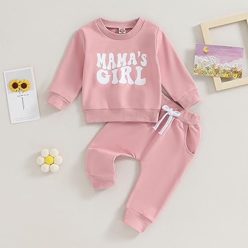 YINGISFITM Toddler Baby Girl Clothes Long Sleeve Letter Print Crewneck Sweatshirt Sweatpants Fall Winter Sweatsuit Set Outfit (Mama's Girl Pink, 2-3 Years) - Image 2
