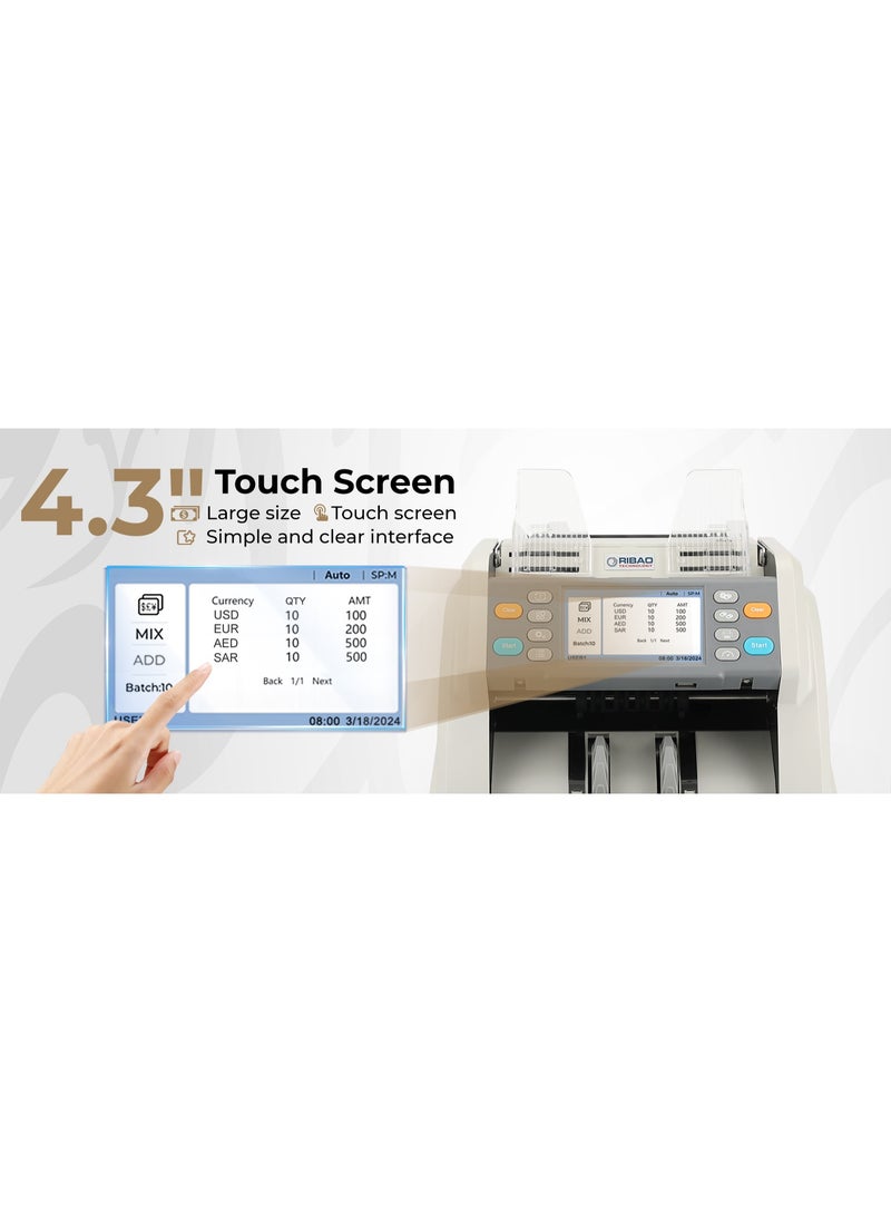 RIBAO MC-40 Money Counter Machine, Multi Currency, Mixed denomination Money Counting Machine, CIS/UV/MG/MT/IR Detection, Cash Counting Machine