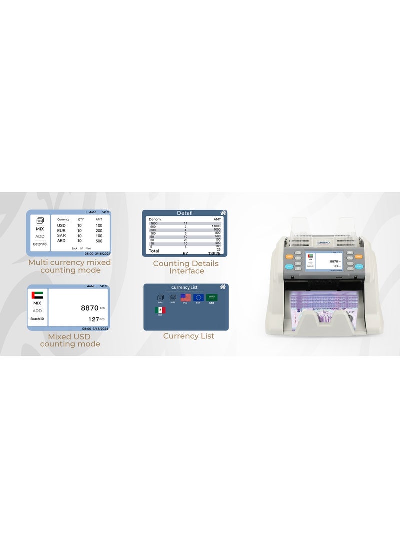 RIBAO MC-40 Money Counter Machine, Multi Currency, Mixed denomination Money Counting Machine, CIS/UV/MG/MT/IR Detection, Cash Counting Machine
