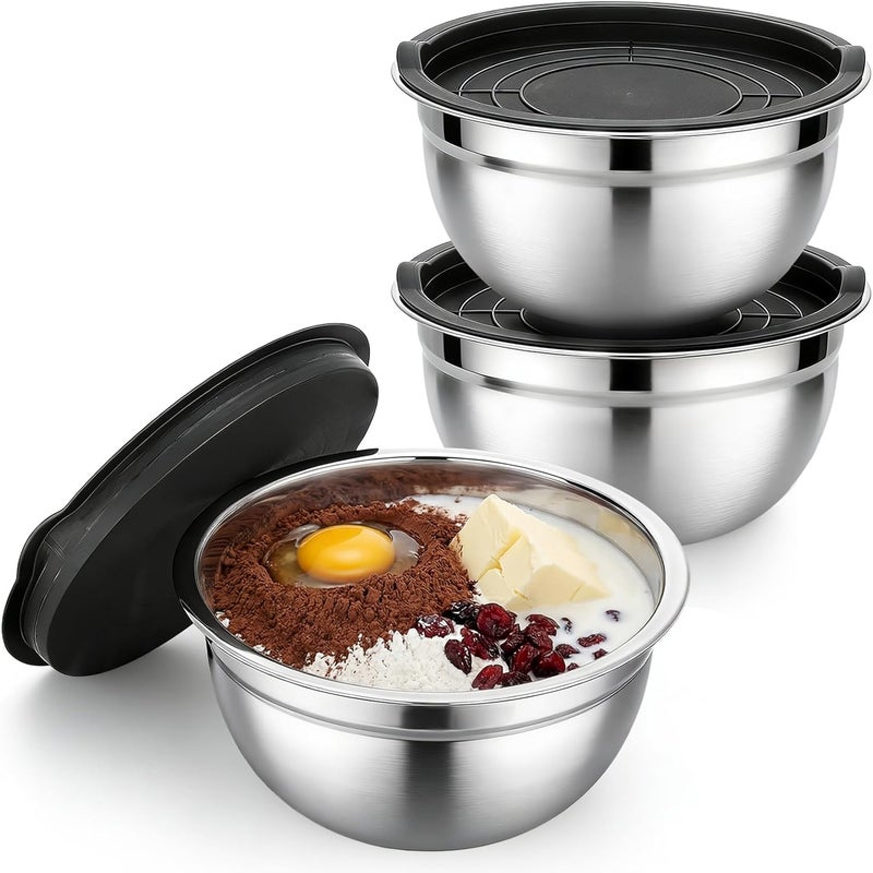 Beasea Mixing Bowls with Lids Set of 3, 1.5 QT Stackable Stainless Steel Mixing Bowls with Black Lids for Baking, Metal Nesting Bowl for Kitchen, Meal Prepping, Cooking and Serving - Image 1