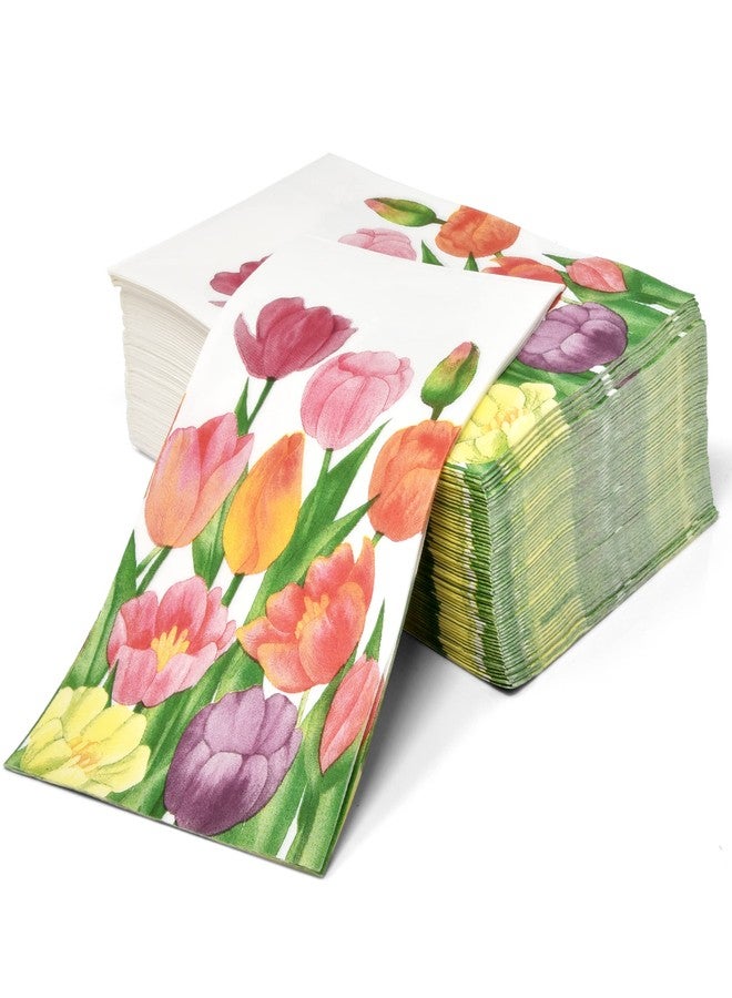 Gift Boutique هدايا بوتيك 100 مناديل ضيف مزخرفة بتصميم زهور التوليب المائية، مناشف ورقية قابلة للتصرف لربيع التوليب، مثالية لحديقة الزهور في الصيف، الحمام، العطلات، حفلات الزفاف، أعياد الميلاد، وحفلات العشاء - Image 3