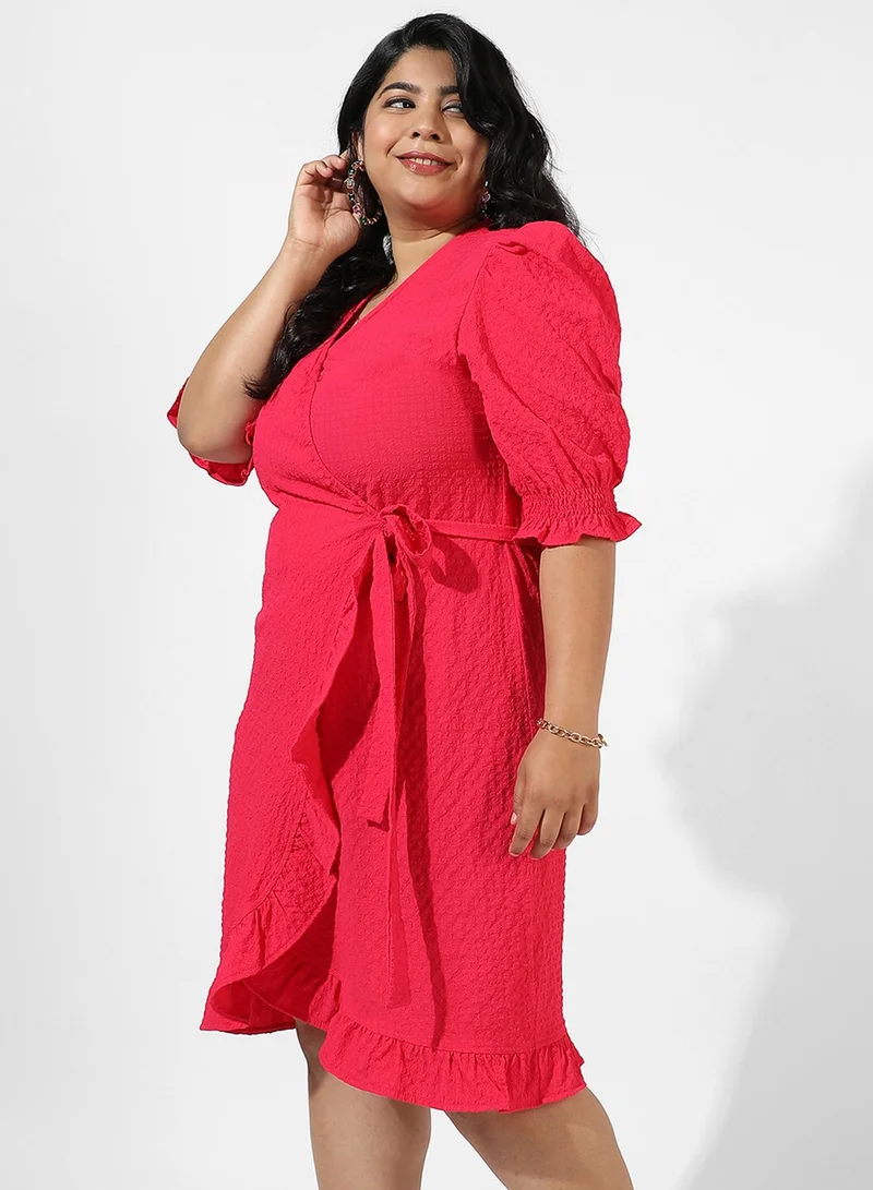 Instafab Plus Textured Ruffle Wrap Dress