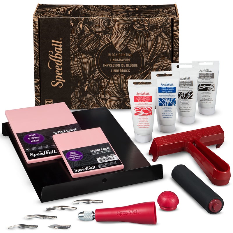 Speedball طقم طباعة الكتل لينوكوت ديلوكس للمنسوجات 14 قطعة يشمل الأحبار، البراير، خطاف الطاولة، مقبض اللينو، وقواطع بلوكات سبييدي كارف - Image 2