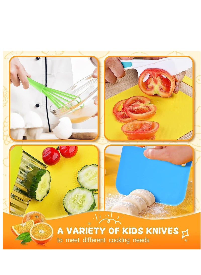 SYOSI Wooden Kids Kitchen Knife, 17 Pieces Kids Knife Montessori Toy Set, Include Wood Kids Safe Knife, Serrated Edges Plastic Toddler Knife, Crinkle Cutter, Sandwich Cutter, Y Peeler, Cutting Board - Image 3