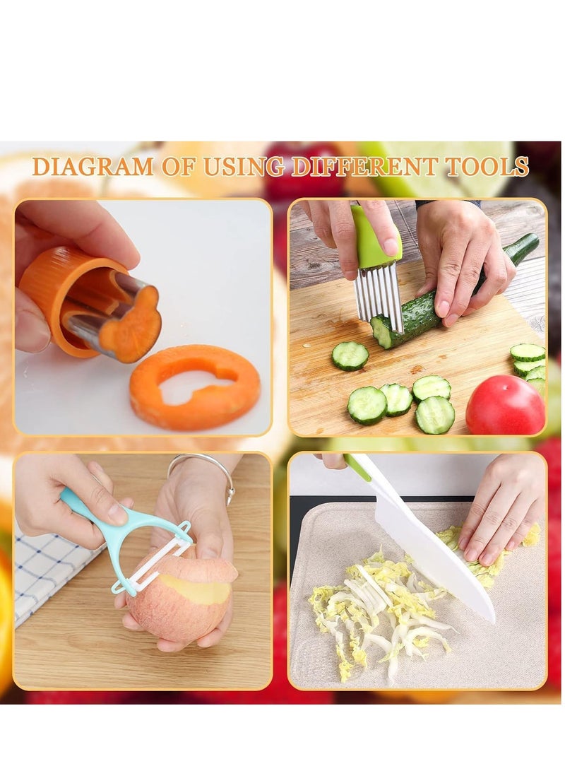 SYOSI Wooden Kids Kitchen Knife, 17 Pieces Kids Knife Montessori Toy Set, Include Wood Kids Safe Knife, Serrated Edges Plastic Toddler Knife, Crinkle Cutter, Sandwich Cutter, Y Peeler, Cutting Board - Image 2