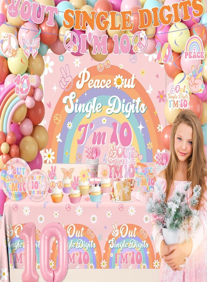 Bezkega 10th Birthday Decorations for Girl,288pcs Peace Out Single Digits Party Decor Groovy Double Digits Birthday Girl Plates and Napkin Cups Tablecloth,Cake Topper,Honeycomb Balloon Kit - Image 2