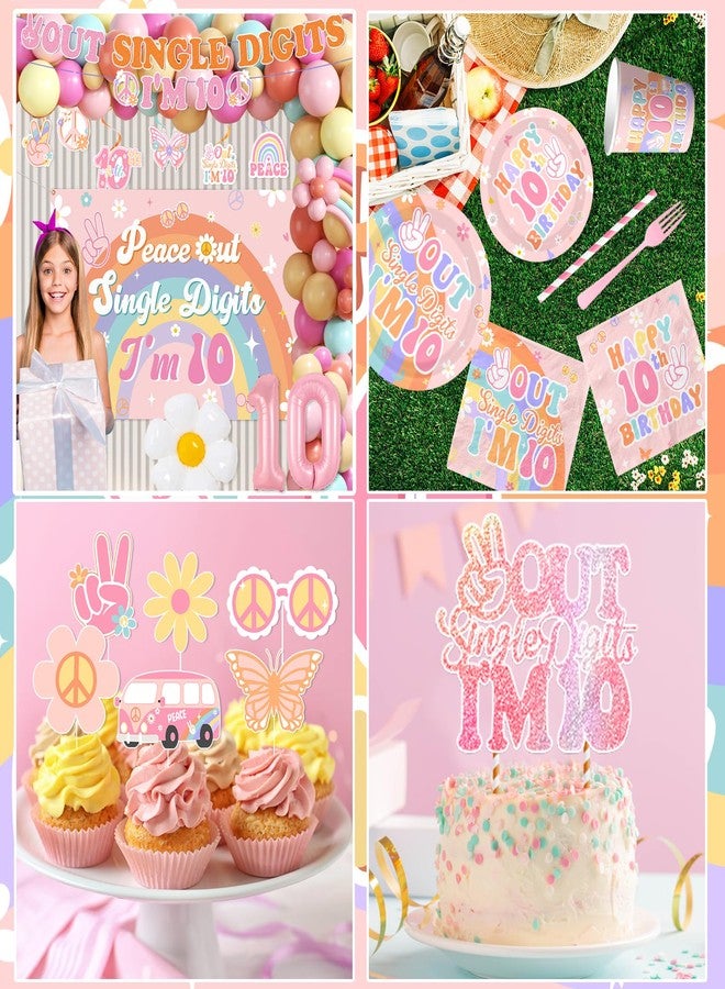 Bezkega 10th Birthday Decorations for Girl,288pcs Peace Out Single Digits Party Decor Groovy Double Digits Birthday Girl Plates and Napkin Cups Tablecloth,Cake Topper,Honeycomb Balloon Kit - Image 5