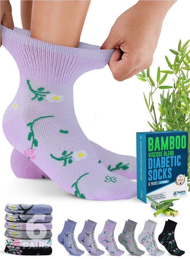 Doctor's Select Bamboo Viscose Diabetic Socks for Women & Men - 6 Pairs, Non Binding, Loose Top, Smooth Toe Seams, Moisture-Wicking, Flowers, Womens Diabetic Socks - Image 1