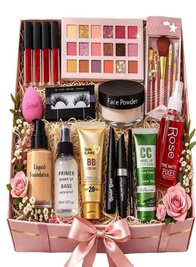 Complete Makeup Gift Set, Liquid Foundation, Primer, BB Cream, Face Powder, Eyeshadow Palette, Mascara, Lip Gloss, Brushes - Image 1