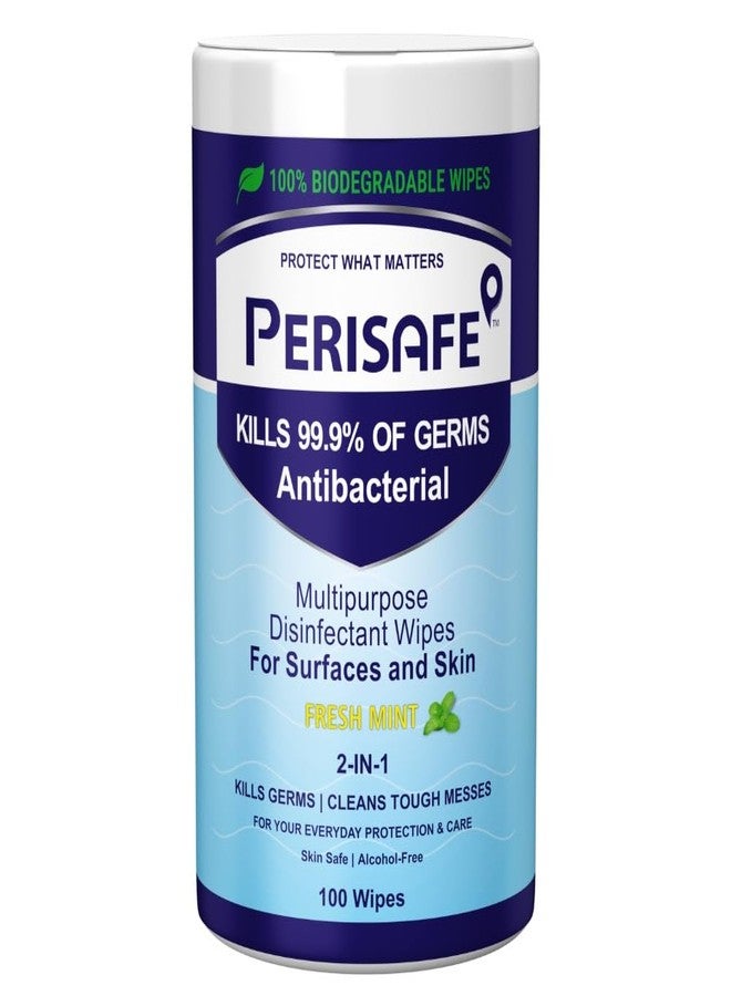 PERISAFE Multipurpose Disinfectant Wipes For Surfaces & Skin-100 Wipes | 100% Biodegradable | Antibacterial | 2-IN-1- Kills Germs & Cleans Tough Messes | Fresh Mint - Image 1