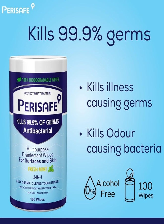 PERISAFE Multipurpose Disinfectant Wipes For Surfaces & Skin-100 Wipes | 100% Biodegradable | Antibacterial | 2-IN-1- Kills Germs & Cleans Tough Messes | Fresh Mint - Image 3
