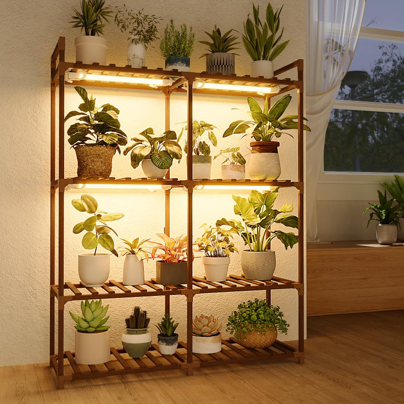 Bamworld Plant Stand with Grow Lights for Indoor Plants Wood Plant Shelf 4 Tier Large Flower Stand for Mutiple Plant Holder Rack for Patio Living Room Balcony - Image 1