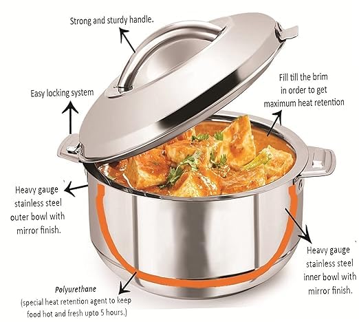 Serve Stainless Steel Double Wall Insulated Hot RotiChapati PotServerCasserole with Glass Lid 4l 1pc Silver - Image 5