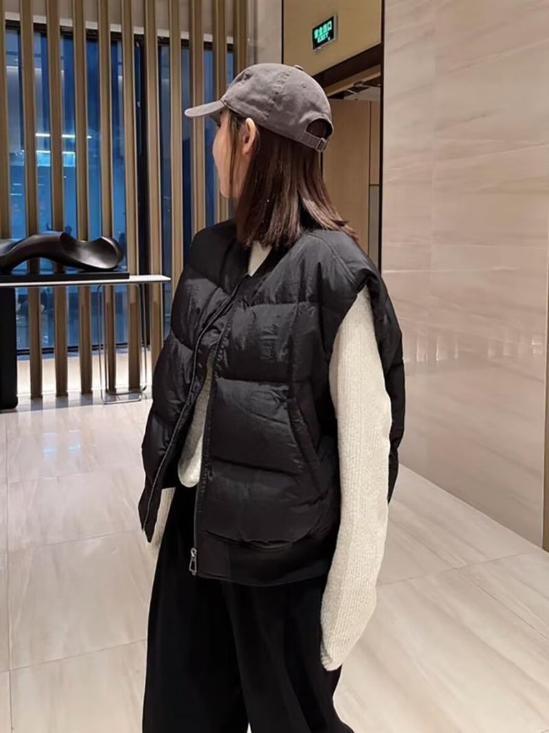 Holiday Concept Retro Collar Cotton-padded Jacket Vest Womens New Arrival Loose Overlap Vest Jacket Black