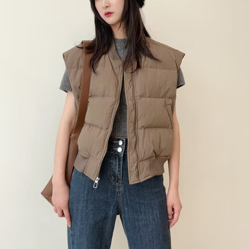 Holiday Concept Retro Collar Cotton-padded Jacket Vest Womens New Arrival Loose Overlap Vest Jacket Black