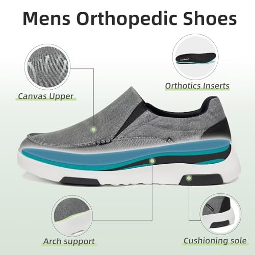 OrthoComfoot Men's Orthopedic Canvas Slip-On, Plantar Fasciitis Flat Feet Heel Pain Relief Loafers, Cushioned Walking Shoes for Shop Black Grey Size EU 45 - Image 3