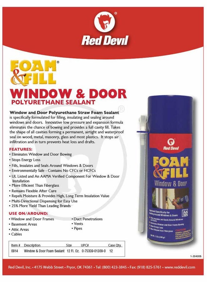 Red Devil 0914 Spray Foam & Fill Window & Door Polyurethane Expanding Insulation Sealant, 12 oz, Off White, Pack of 1 - Image 2