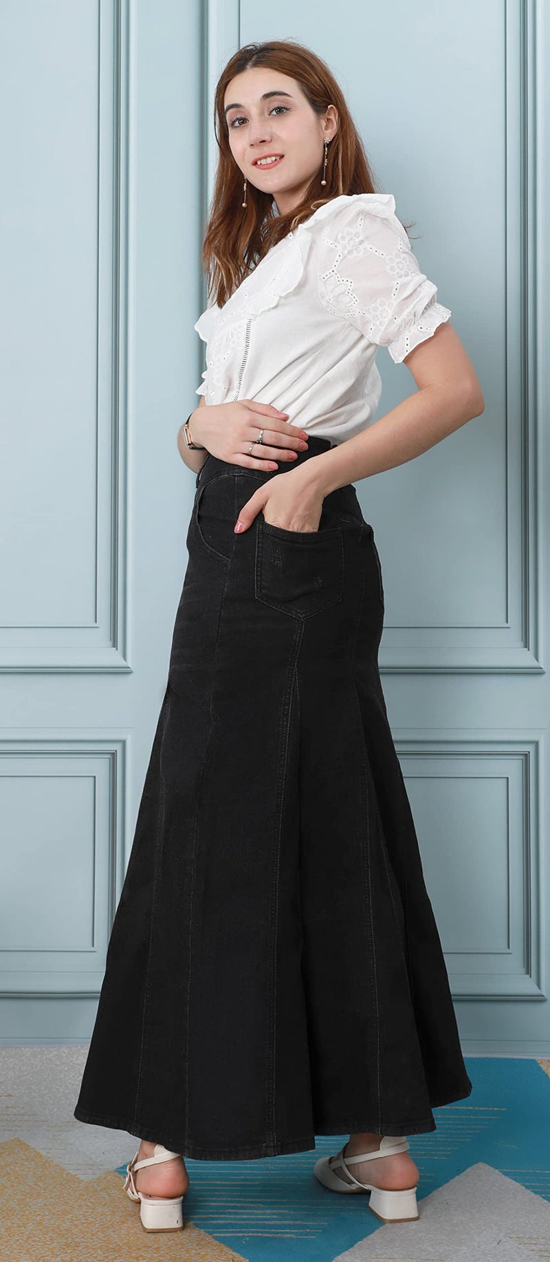 CHARTOU Women's Retro Exposure Button-Fly Packaged Hip A-Line Maxi Long Denim Skirt (XX-Large, Black) - Image 5