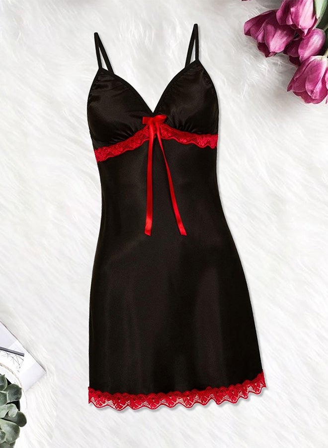 MARGOUN Women Silk Nightwear Slip Dress Pajamas Robe Sleepdress Nightdress Deep V Neck Solid Color Satin Silk Lace Comfortable Black - Image 1