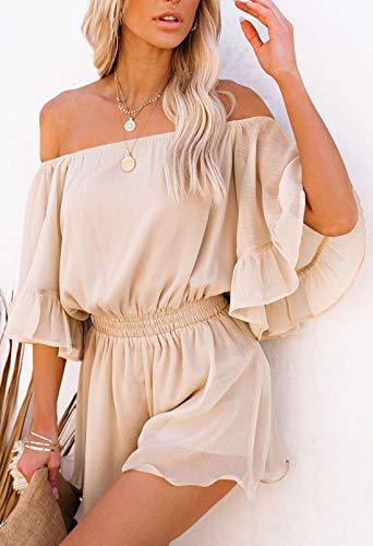 Fixmatti Ladies Chiffon Rompers Flare Sleeve Off Shoulder One Piece Summer Shorts Outfits Apricot L - Image 3