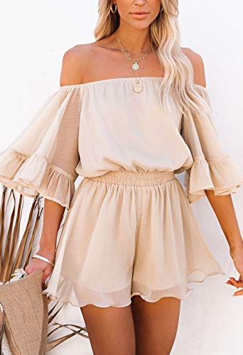 Fixmatti Ladies Chiffon Rompers Flare Sleeve Off Shoulder One Piece Summer Shorts Outfits Apricot L - Image 2