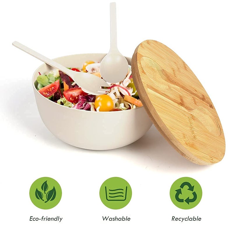 ShineMe Large Salad Bowl with Lid  Bamboo Fiber Salad Serving Bowl Set with Utensils  9.8inches Mixing Bowl with Servers  Solid Bamboo Wooden Bowl for Salad  Fruits  Vegetables and Pasta(White) - Image 3