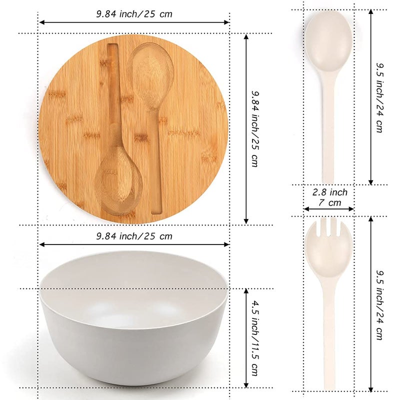 ShineMe Large Salad Bowl with Lid  Bamboo Fiber Salad Serving Bowl Set with Utensils  9.8inches Mixing Bowl with Servers  Solid Bamboo Wooden Bowl for Salad  Fruits  Vegetables and Pasta(White) - Image 2