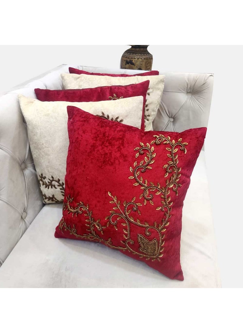Good Vibes Cream Maroon Set of 5 Ethnic Beaded Embroidered Square Cushion Covers for Sofa Home Bedroom 24x24 inch or 60 x 60 cm  - Image 1