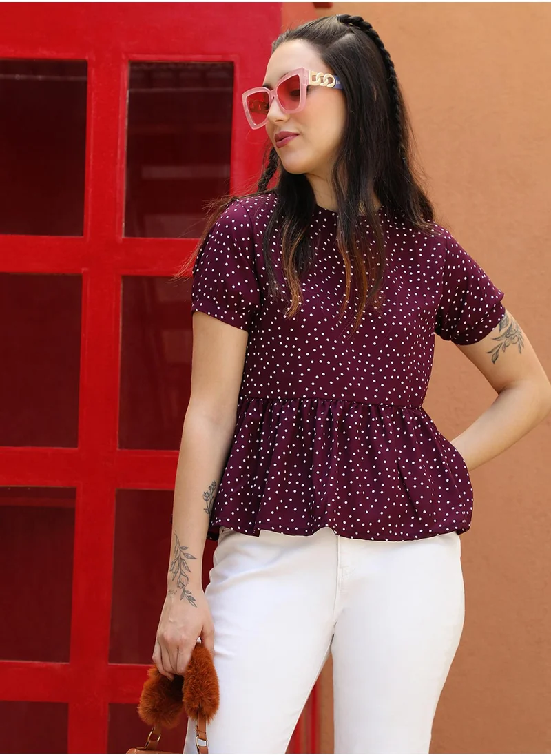 PINACOLADA Women's Wine Red Polka Dot Top