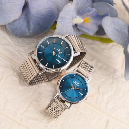 LOUIS DEVIN Stainless Steel Chain Analog Wrist Watch for Men and Women (Blue Dial) | Set of 2 Wrist Watches | Couple Watches | LDCM-WT092-BLU-CH - Image 3
