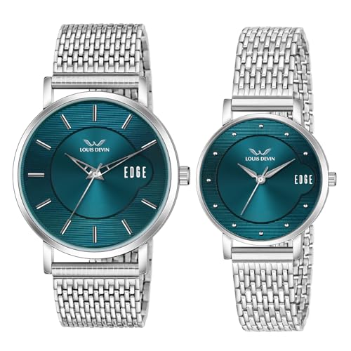 LOUIS DEVIN Stainless Steel Chain Analog Wrist Watch for Men and Women (Blue Dial) | Set of 2 Wrist Watches | Couple Watches | LDCM-WT092-BLU-CH - Image 1