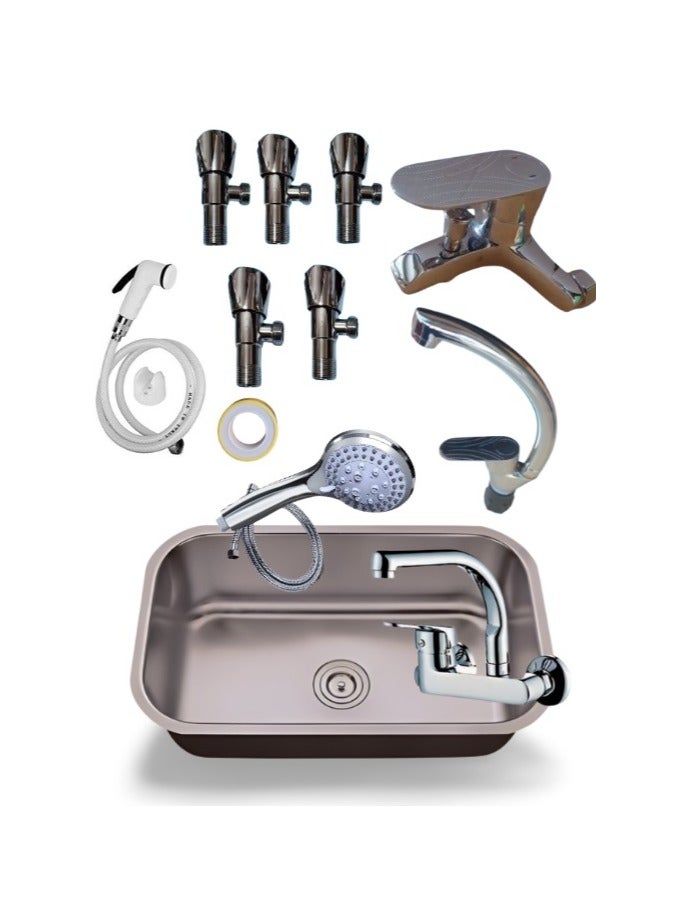 Shams Kitchen sink, 75 cm x 45 cm, including drain, 3-piece mixer set, bathroom bidet, complete shower head, and 5 corner valves - Image 1
