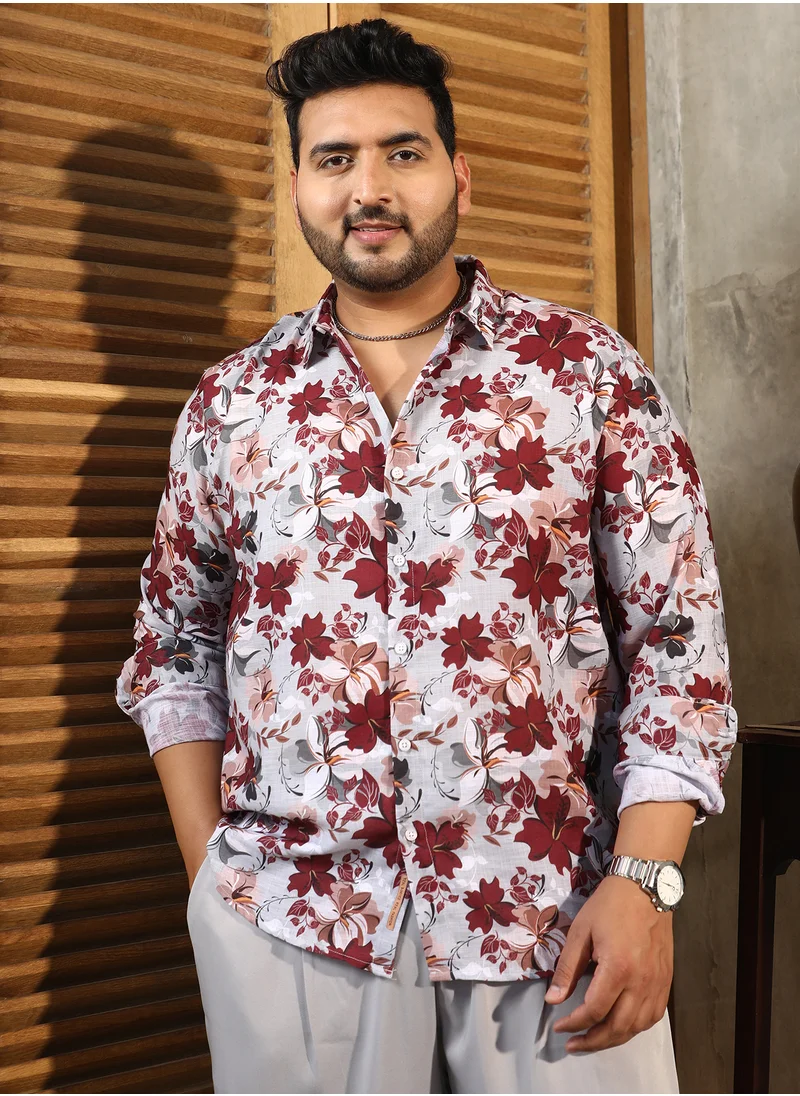 انستافاب بلس Instafab Plus Men's Crimson Red Hibicus Imprint Shirt For Casual Wear | Spread Collar | Long Cuffed Sleeves | Button Closure | Plus Size Shirt Crafted With Comfort Fit For Everyday Wear