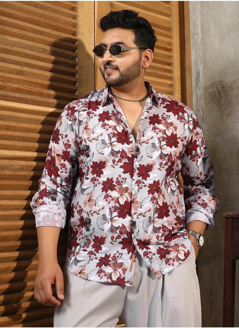 انستافاب بلس Instafab Plus Men's Crimson Red Hibicus Imprint Shirt For Casual Wear | Spread Collar | Long Cuffed Sleeves | Button Closure | Plus Size Shirt Crafted With Comfort Fit For Everyday Wear