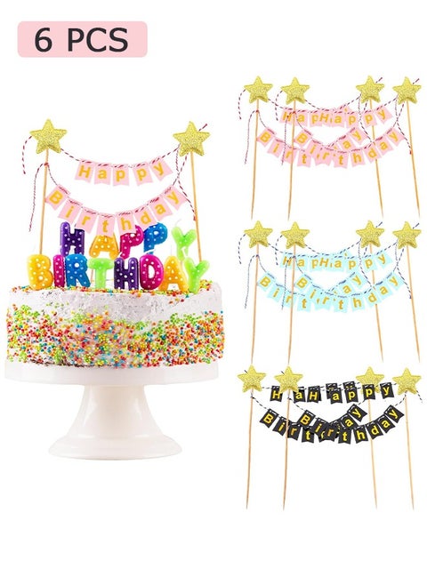 6 Pcs Happy Birthday Cake Topper, Glitter Bunting Banner, Birthday Baby Shower Party Baking Decoration Supplies