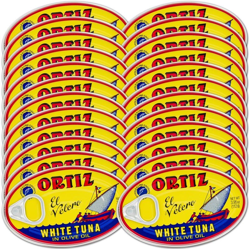 Ortiz White Tuna in Olive Oil Fresh Tender Slices Spanish Wild Caught Tuna High in Protein and Omega 3 Fats Excellent in Salad Pasta or Sandwiches No Need to Add Mayo 395oz Can Pack of 24