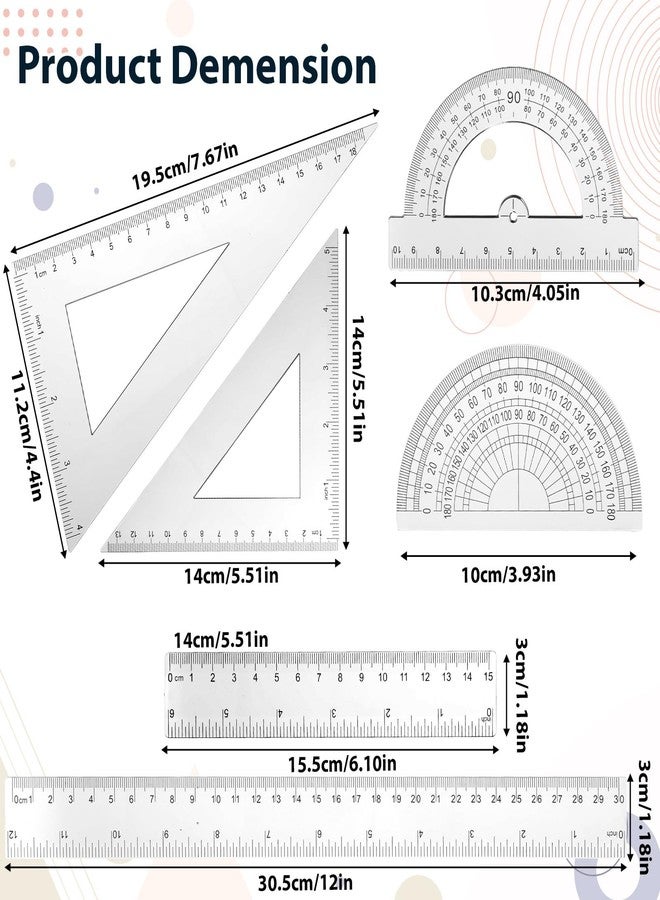 Exclaith 6pcs Transparent Plastic Geometry Kit Plastic Clear Ruler Math Set, Includes 6/12 Inch Straight Rulers, 2 Protractors 180 Degree, 2 Triangle Rulers Measuring Tool for Office Home Drawings - Image 2