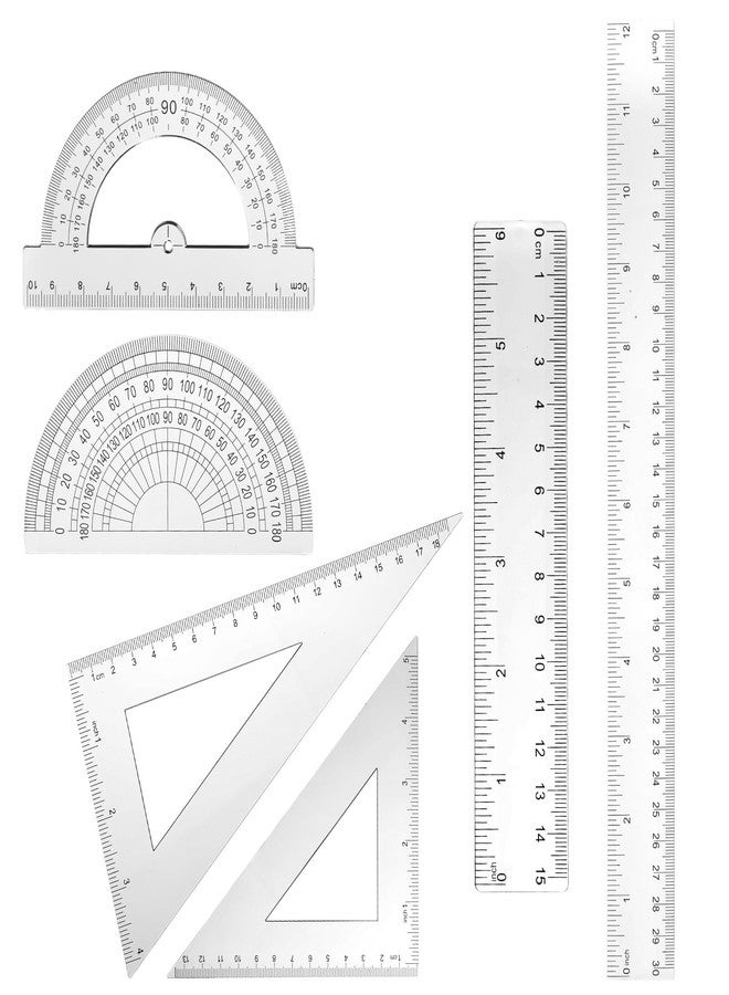Exclaith 6pcs Transparent Plastic Geometry Kit Plastic Clear Ruler Math Set, Includes 6/12 Inch Straight Rulers, 2 Protractors 180 Degree, 2 Triangle Rulers Measuring Tool for Office Home Drawings - Image 1