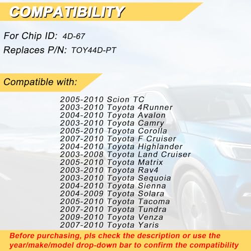Vurkcy 4D-67 TOY44D-PT Chip Transponder Ignition Car Key Replacement for 2003-2010 Toyota 4Runner Camry Corolla Highlander Rav4 Sienna Tacoma Tundra Scion, New Uncut, Locksmith Required - Image 2