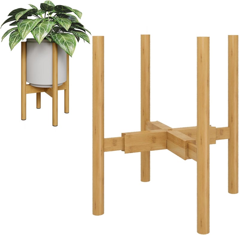 Bamworld Adjustable Plant Stand Retro Mid Century Expandable Flower Pot Stand Wooden Sturdy Indoor & Outdoor Flora, for 8-12inch Pots - Image 1
