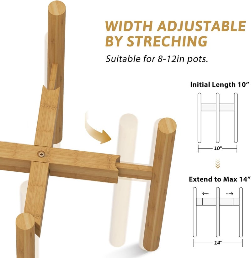 Bamworld Adjustable Plant Stand Retro Mid Century Expandable Flower Pot Stand Wooden Sturdy Indoor & Outdoor Flora, for 8-12inch Pots - Image 3
