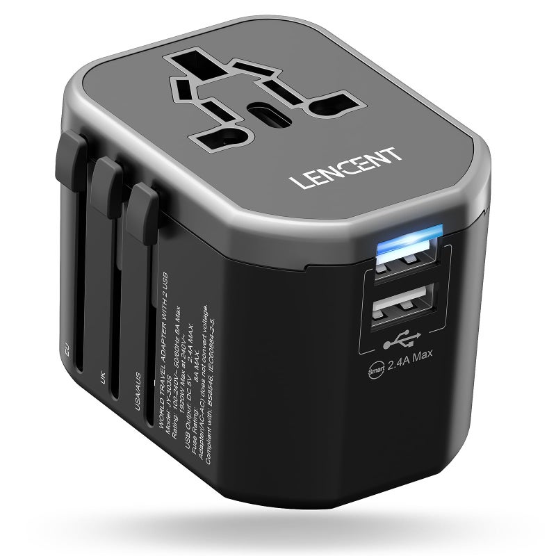 Universal Travel Adaptor Plug with 2 USB Ports International Power Adapter with UKUSAEUAUS Plug AllinOne Worldwide Travel Charger for Over 200 Countries in The World
